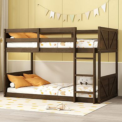 Trikiousd Twin over Twin Floor Bunk Bed with Built-in Ladder, Space-Saving Low Bunk Bed for Kids