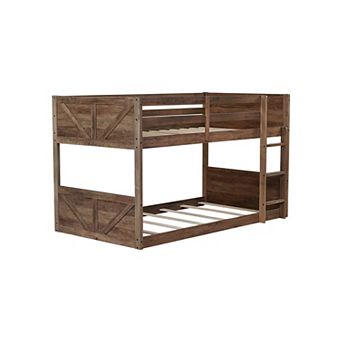 Trikiousd Twin over Twin Floor Bunk Bed with Built-in Ladder, Space-Saving Low Bunk Bed for Kids