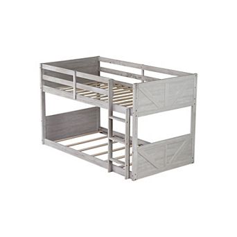 Trikiousd Twin over Twin Floor Bunk Bed with Built-in Ladder, Space-Saving Low Bunk Bed for Kids