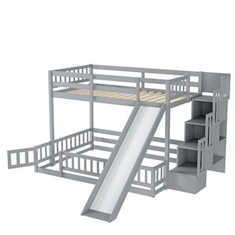 Trikiousd Twin Over Full Pine Wood Floor Bunk Bed with Slide & Storage Staircase for Kids, Teens