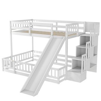 Trikiousd Twin Over Full Pine Wood Floor Bunk Bed with Slide & Storage Staircase for Kids, Teens