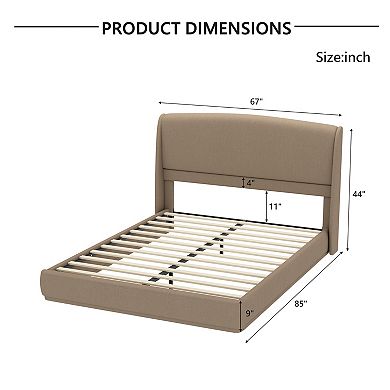 Trikiousd Linen Upholstered Queen Bed Frame w/ Headboard, Wing Back Platform Bed Slats Panel Support