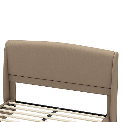 Trikiousd Linen Upholstered Queen Bed Frame w/ Headboard, Wing Back Platform Bed Slats Panel Support