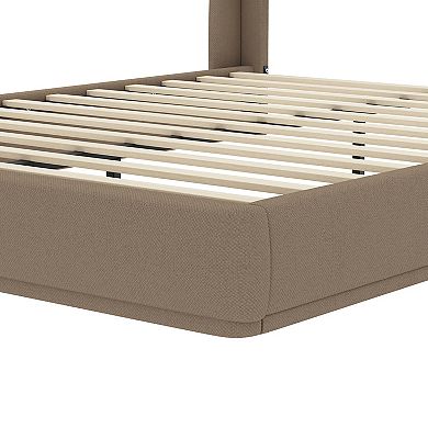 Trikiousd Linen Upholstered Queen Bed Frame w/ Headboard, Wing Back Platform Bed Slats Panel Support