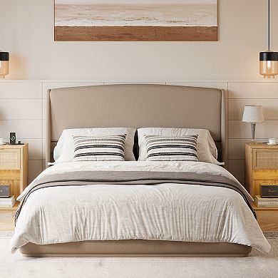 Trikiousd Linen Upholstered Queen Bed Frame w/ Headboard, Wing Back Platform Bed Slats Panel Support