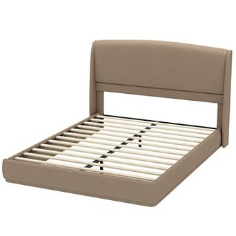 Trikiousd Linen Upholstered Queen Bed Frame w/ Headboard, Wing Back Platform Bed Slats Panel Support