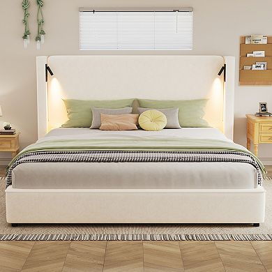 Trikiousd King Size Upholstered Bed High Wingback Grounding Bed with Reading Lamp & USB Port
