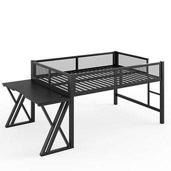 Trikiousd Full Size LED Gaming Loft Bed w/ Desk of X-Shaped Leg, USB Ports & Mesh Guardrail