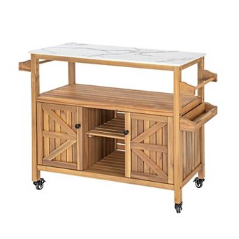 Trikiousd Outdoor Acacia Wood Bar Cart Marble-Effect Top, Patio Kitchen Island with Wheels