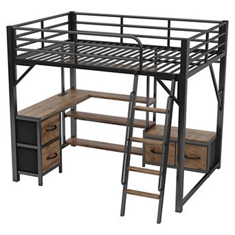 Trikiousd Full Size Metal Loft Bed Frame with Desk, LED Light, Storage Shelves, Wardrobe & Drawers