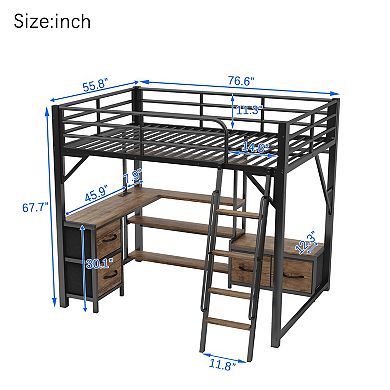 Trikiousd Full Size Metal Loft Bed Frame with Desk, LED Light, Storage Shelves, Wardrobe & Drawers