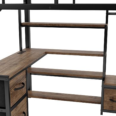 Trikiousd Full Size Metal Loft Bed Frame with Desk, LED Light, Storage Shelves, Wardrobe & Drawers