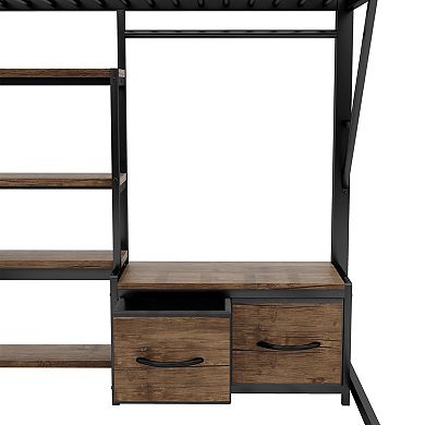 Trikiousd Full Size Metal Loft Bed Frame with Desk, LED Light, Storage Shelves, Wardrobe & Drawers