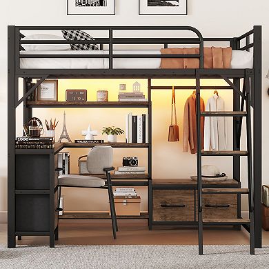Trikiousd Full Size Metal Loft Bed Frame with Desk, LED Light, Storage Shelves, Wardrobe & Drawers