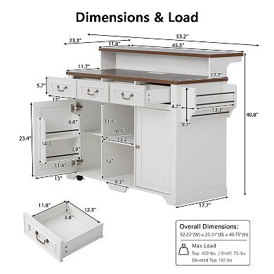 Trikiousd Two-Tier Kitchen Island w/ Power Outlet and 3 Drawers, Rolling Island Table Bar Cabinet