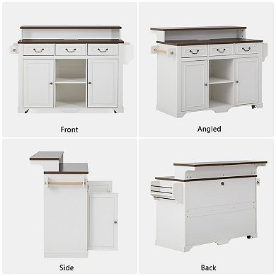 Trikiousd Two-Tier Kitchen Island w/ Power Outlet and 3 Drawers, Rolling Island Table Bar Cabinet