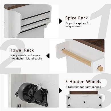 Trikiousd Two-Tier Kitchen Island w/ Power Outlet and 3 Drawers, Rolling Island Table Bar Cabinet