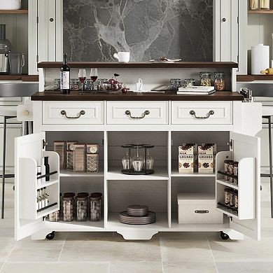 Trikiousd Two-Tier Kitchen Island w/ Power Outlet and 3 Drawers, Rolling Island Table Bar Cabinet
