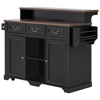 Trikiousd Two-Tier Kitchen Island w/ Power Outlet and 3 Drawers, Rolling Island Table Bar Cabinet