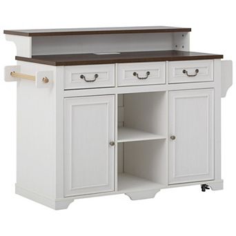 Trikiousd Two-Tier Kitchen Island w/ Power Outlet and 3 Drawers, Rolling Island Table Bar Cabinet