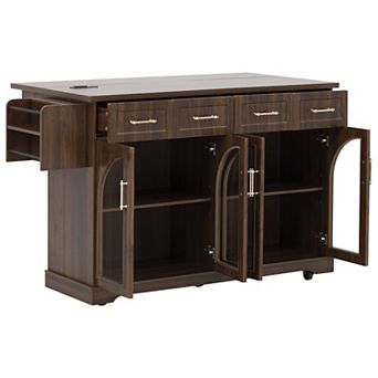Trikiousd Kitchen Island Rolling Island Cart on Wheels w/ Drop Leaf, Arched Glass Door, Power Outlet