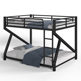 Trikiousd Queen over Queen Low Profile Metal Bunk Bed with ladders