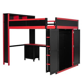 Trikiousd Wooden Queen Size Loft Bed with Desk, Wardrobe, Storage Headboard & USB
