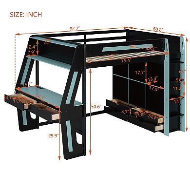 Trikiousd LED Full Size Gaming Loft Bed with Desk, 6 Storage Cubbies, 6 Drawers & USB Ports