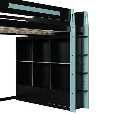 Trikiousd LED Full Size Gaming Loft Bed with Desk, 6 Storage Cubbies, 6 Drawers & USB Ports