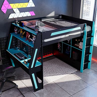 Trikiousd LED Full Size Gaming Loft Bed with Desk, 6 Storage Cubbies, 6 Drawers & USB Ports