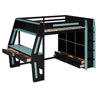 Trikiousd LED Full Size Gaming Loft Bed with Desk, 6 Storage Cubbies, 6 Drawers & USB Ports