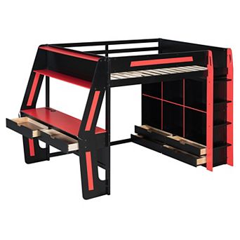 Trikiousd LED Full Size Gaming Loft Bed with Desk, 6 Storage Cubbies, 6 Drawers & USB Ports