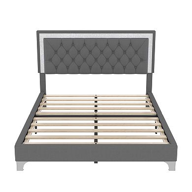 Trikiousd Modern Queen Size Velvet Bed Frame w/LED Light, Mattress Foundation w/Wooden Slat Support