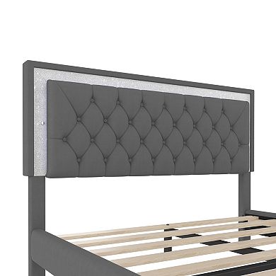 Trikiousd Modern Queen Size Velvet Bed Frame w/LED Light, Mattress Foundation w/Wooden Slat Support