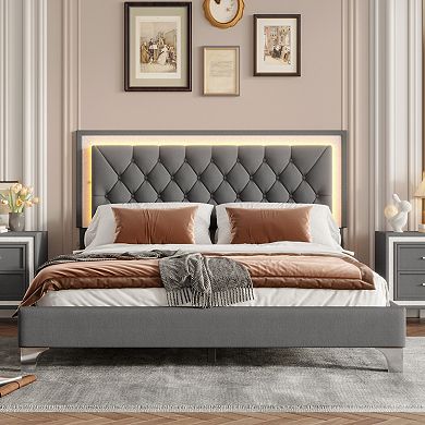 Trikiousd Modern Queen Size Velvet Bed Frame w/LED Light, Mattress Foundation w/Wooden Slat Support