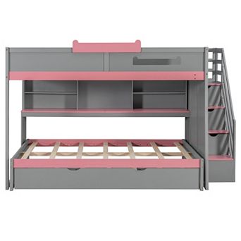 Trikiousd Wood Full Over Full Bunk Bed w/ Twin Trundle, Storage Stairs, Shelves & LED Lights