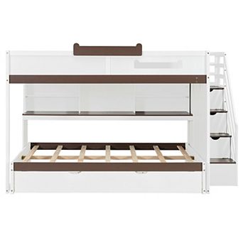 Trikiousd Wood Full Over Full Bunk Bed w/ Twin Trundle, Storage Stairs, Shelves & LED Lights