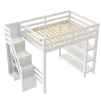 Trikiousd Spacesaving Wood White LED Lights Loft Bed w/Storage Staircase, 4-Layer Shelves & Wardrobe