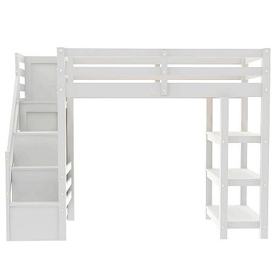 Trikiousd Spacesaving Wood White LED Lights Loft Bed w/Storage Staircase, 4-Layer Shelves & Wardrobe