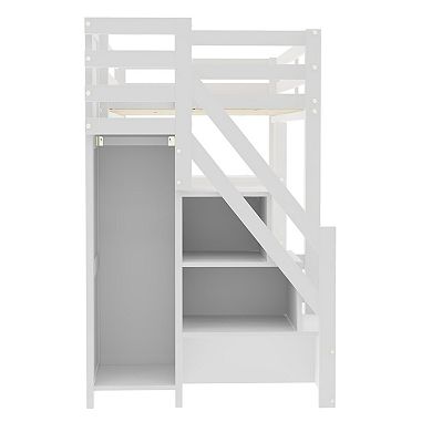 Trikiousd Spacesaving Wood White LED Lights Loft Bed w/Storage Staircase, 4-Layer Shelves & Wardrobe