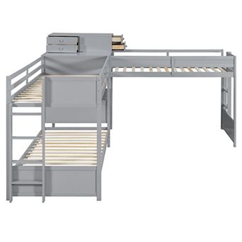 Trikiousd L-Shaped Triple Bunk Bed Twin Wooden Bed Frame w/Desk, 4 Drawers, USB Ports & Power Outlet