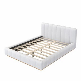 Trikiousd Modern Boucle Platform Bed Low Profile Upholstery Grounded Bed with Solid Wood Base