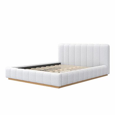 Trikiousd Modern Boucle Platform Bed Low Profile Upholstery Grounded Bed with Solid Wood Base