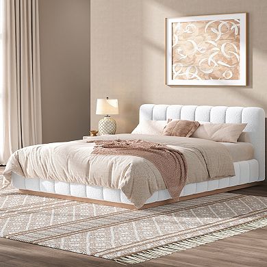 Trikiousd Modern Boucle Platform Bed Low Profile Upholstery Grounded Bed with Solid Wood Base