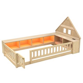 Trikiousd Wood Floor Bed Twin Kids Montessori Bed w/ Storage Cabinets, LED, USB Port & Plug Outlets