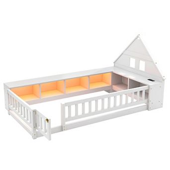 Trikiousd Wood Floor Bed Twin Kids Montessori Bed w/ Storage Cabinets, LED, USB Port & Plug Outlets