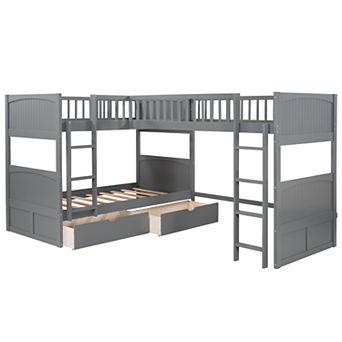 Trikiousd Kids L-Shaped Bunk Bed w/2 Drawers & 2 Ladders, Twin Over Twin Over Twin Wood Low Bunkbed