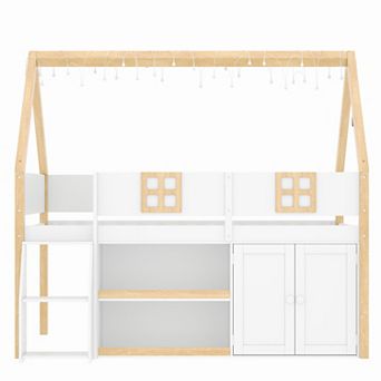 Trikiousd LED House Low Loft Bed Wood Kids Bed Frame with Storage Shelves & Cabinets