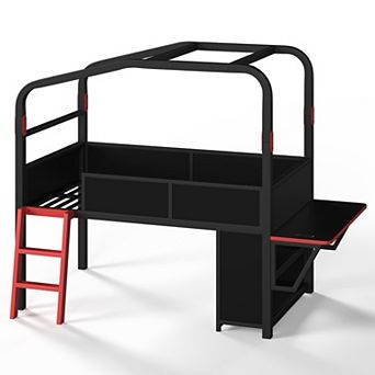 Trikiousd Metal Low Gaming Loft Bed w/ Side Desk, Usb Ports, LED Lights & Storage Cabinets