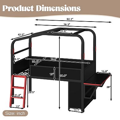 Trikiousd Metal Low Gaming Loft Bed w/ Side Desk, Usb Ports, LED Lights & Storage Cabinets